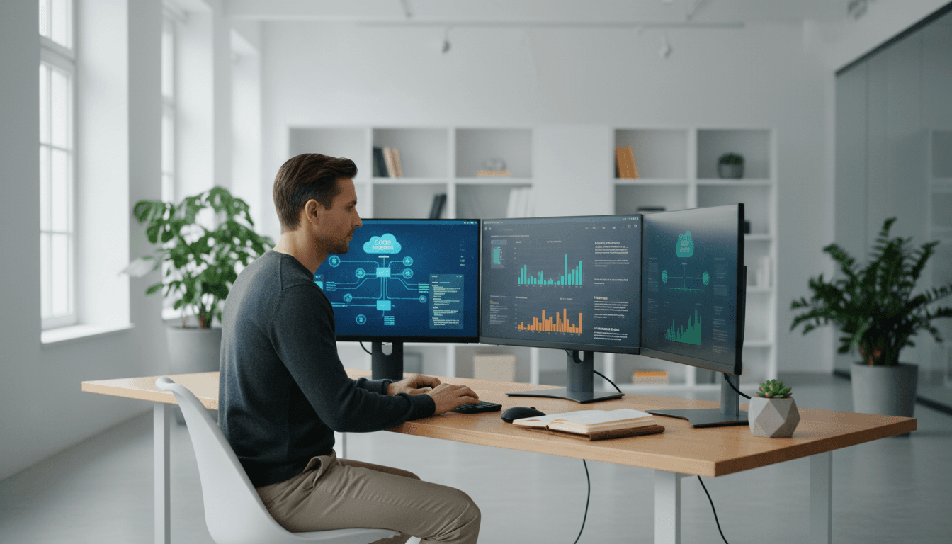 IT consultant reviewing technical documentation at professional workspace