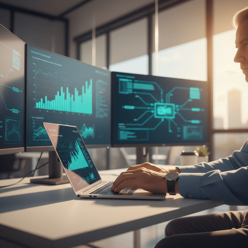 IT consultant reviewing network security infrastructure on monitors