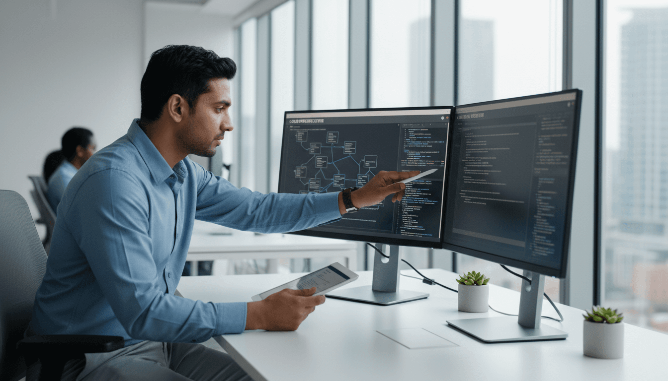 IT consultant working at computer desk